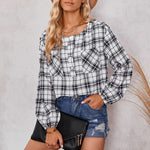 Autumn New Shirt Women's Fashion Plaid Round Neck Shirt Trendy