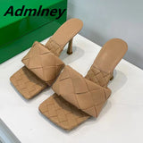 Silver Laser Woven Leather Woman Slipper Summer New Square Toe Thin High Heel Party Holiday Mule Designer One Strap Shoe Woman