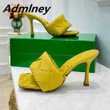 Silver Laser Woven Leather Woman Slipper Summer New Square Toe Thin High Heel Party Holiday Mule Designer One Strap Shoe Woman