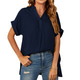 Women's V-Neck Short Sleeve Solid Color Thin Loose Check Shirt