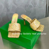 Silver Laser Woven Leather Woman Slipper Summer New Square Toe Thin High Heel Party Holiday Mule Designer One Strap Shoe Woman