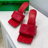 Silver Laser Woven Leather Woman Slipper Summer New Square Toe Thin High Heel Party Holiday Mule Designer One Strap Shoe Woman