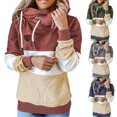 Winter women  Contrast Stitching hooded Turtleneck Casual Solid Contrast Long Sleeve Hoodie Sweatshirt Tops