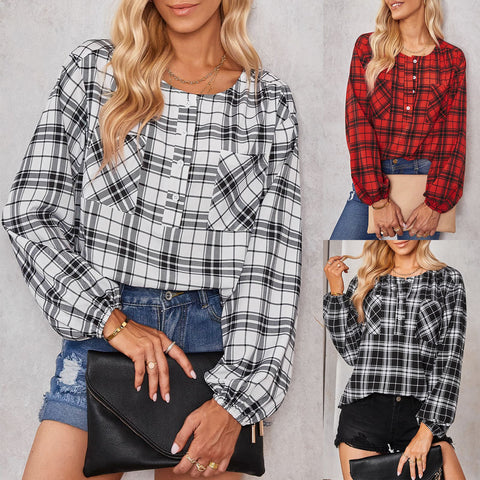 Autumn New Shirt Women's Fashion Plaid Round Neck Shirt Trendy