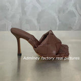 Silver Laser Woven Leather Woman Slipper Summer New Square Toe Thin High Heel Party Holiday Mule Designer One Strap Shoe Woman