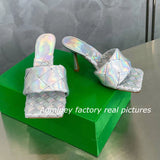 Silver Laser Woven Leather Woman Slipper Summer New Square Toe Thin High Heel Party Holiday Mule Designer One Strap Shoe Woman