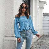 Front Tie Back Elastic Lantern Sleeves Word Collar Waist Short Top Women Long Sleeved Chiffon Shirt