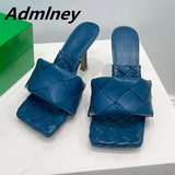 Silver Laser Woven Leather Woman Slipper Summer New Square Toe Thin High Heel Party Holiday Mule Designer One Strap Shoe Woman