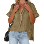 Women's V-Neck Short Sleeve Solid Color Thin Loose Check Shirt