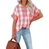 Spring And Summer New Plaid Short Sleeved Shirt Printing V Neck Loose Casual Top For Women