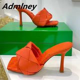 Silver Laser Woven Leather Woman Slipper Summer New Square Toe Thin High Heel Party Holiday Mule Designer One Strap Shoe Woman