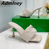 Silver Laser Woven Leather Woman Slipper Summer New Square Toe Thin High Heel Party Holiday Mule Designer One Strap Shoe Woman