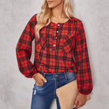 Autumn New Shirt Women's Fashion Plaid Round Neck Shirt Trendy