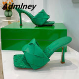 Silver Laser Woven Leather Woman Slipper Summer New Square Toe Thin High Heel Party Holiday Mule Designer One Strap Shoe Woman