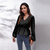 Lantern Sleeve Chiffon Shirt Solid Color Waist V-Neck Long Sleeved Women New Style