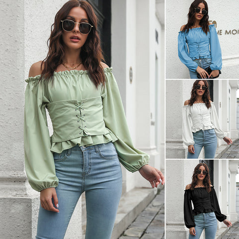 Front Tie Back Elastic Lantern Sleeves Word Collar Waist Short Top Women Long Sleeved Chiffon Shirt