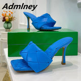 Silver Laser Woven Leather Woman Slipper Summer New Square Toe Thin High Heel Party Holiday Mule Designer One Strap Shoe Woman