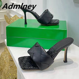 Silver Laser Woven Leather Woman Slipper Summer New Square Toe Thin High Heel Party Holiday Mule Designer One Strap Shoe Woman