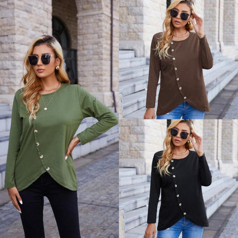 Fashion New Button Long Sleeve Casual Round Neck T-Shirt Casual Women's Top