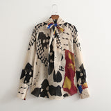 Spring New Women's Fashion Casual Holiday Long Sleeve Bowknot Print Shirt