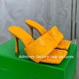 Silver Laser Woven Leather Woman Slipper Summer New Square Toe Thin High Heel Party Holiday Mule Designer One Strap Shoe Woman