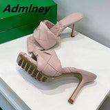 Silver Laser Woven Leather Woman Slipper Summer New Square Toe Thin High Heel Party Holiday Mule Designer One Strap Shoe Woman