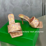 Silver Laser Woven Leather Woman Slipper Summer New Square Toe Thin High Heel Party Holiday Mule Designer One Strap Shoe Woman