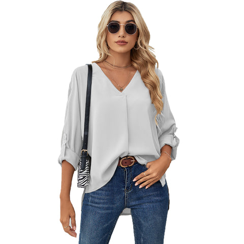 Chiffon Shirt Spring Summer Sexy V-Neck Loose Large Size Shirt Fashion Long Sleeve Top