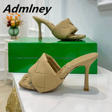 Silver Laser Woven Leather Woman Slipper Summer New Square Toe Thin High Heel Party Holiday Mule Designer One Strap Shoe Woman