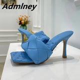 Silver Laser Woven Leather Woman Slipper Summer New Square Toe Thin High Heel Party Holiday Mule Designer One Strap Shoe Woman