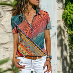 Women Bohemian Western Ethnic Style Zipper Top Short Sleeve T-Shirt