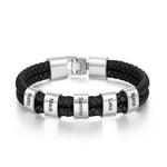 JewelOra Personalized Engraved Family Name Beads Bracelets Black Braided Leather Stainless Steel Bracelets for Men Fathers