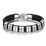 JewelOra Personalized Engraved Family Name Beads Bracelets Black Braided Leather Stainless Steel Bracelets for Men Fathers