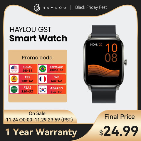 HAYLOU GST Smart Watch Men Women Watch Blood Oxygen Heart Rate Sleep Monitor 12 Sport Models Custom Watch Face Global Version