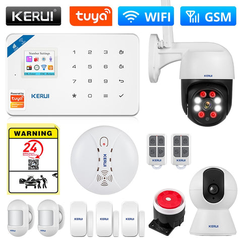 KERUI Tuya Smart WIFI GSM Security Alarm System Works With Alexa Home Burglar Motion Detector Smoke Door Window Sensor IP Camera