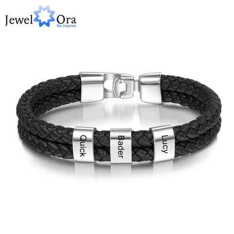 JewelOra Personalized Engraved Family Name Beads Bracelets Black Braided Leather Stainless Steel Bracelets for Men Fathers