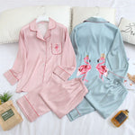 QWEEK Silk Women Pajamas Sleepwear Pijamas Ladies Pyjamas Satin Sleep Lounge Home Clothes Nightwear Flamingo Print Homewear - shop.livefree.co.uk