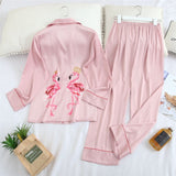 QWEEK Silk Women Pajamas Sleepwear Pijamas Ladies Pyjamas Satin Sleep Lounge Home Clothes Nightwear Flamingo Print Homewear - shop.livefree.co.uk