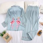 QWEEK Silk Women Pajamas Sleepwear Pijamas Ladies Pyjamas Satin Sleep Lounge Home Clothes Nightwear Flamingo Print Homewear - shop.livefree.co.uk