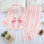 QWEEK Silk Women Pajamas Sleepwear Pijamas Ladies Pyjamas Satin Sleep Lounge Home Clothes Nightwear Flamingo Print Homewear - shop.livefree.co.uk