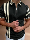New Summer High Quality Men Polo Shirts High Street Print Casual Short Sleeve Mens Shirts Turn-Down Collar Zipper Polo Shirt Men