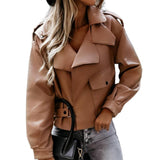 Hip-hop Women Windproof Coat Turn-down Collar Pockets Solid Color Belt Autumn Winter Ladies Faux Leather Jaket