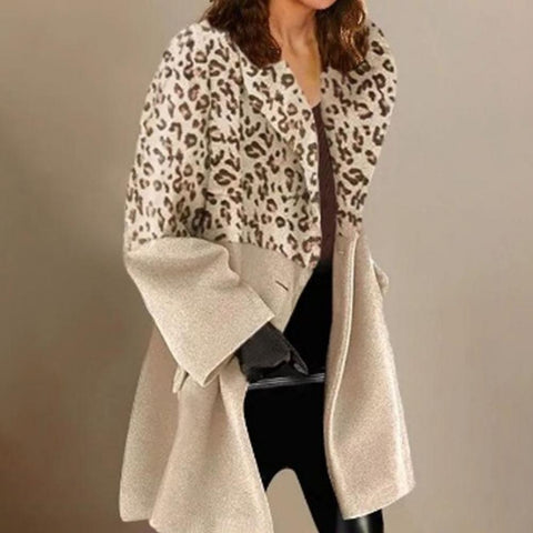Women's Coat Pockets Long Sleeve Warm Leopard Print Jaket Elegant Patchwork Lapel Female Woolen Coat Ladies Overcoat veste femme