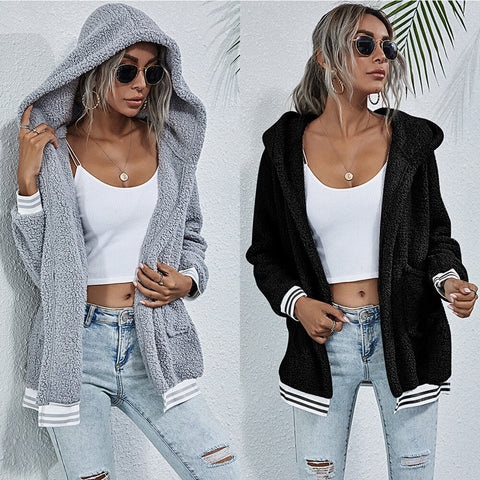Women Jecket hooded Cashmere Long Sleeve Front 2 pockets Autumn Winter Coat For Girl Jaket Women Clothing