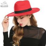 WELROG Black Red Fedora Hats For Women Imitation Wool Fedoras Panama Felt Hat Winter Men Jazz Hats Trilby Chapeau Femme Caps - shop.livefree.co.uk