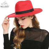 WELROG Black Red Fedora Hats For Women Imitation Wool Fedoras Panama Felt Hat Winter Men Jazz Hats Trilby Chapeau Femme Caps - shop.livefree.co.uk